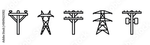 High Voltage Electric Power Pole Vector Icons Set on White Background