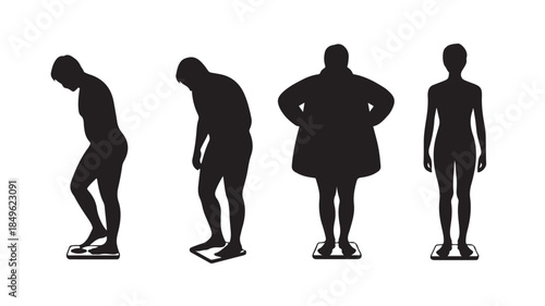 Silhouettes of people weighing themselves on scales in various poses with dramatic lighting on white background for health and wellness