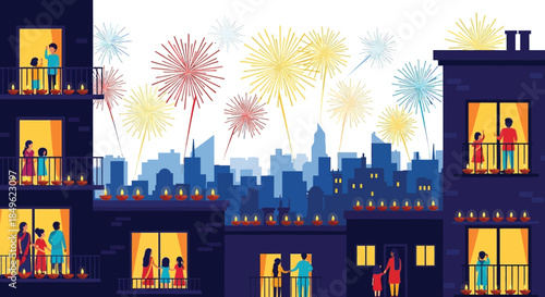 Families celebrating Diwali festival on balconies with fireworks.