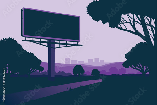 Billboard in serene landscape with city skyline beckons advertisers seeking prime space, reaching commuters and residents with impactful marketing visuals