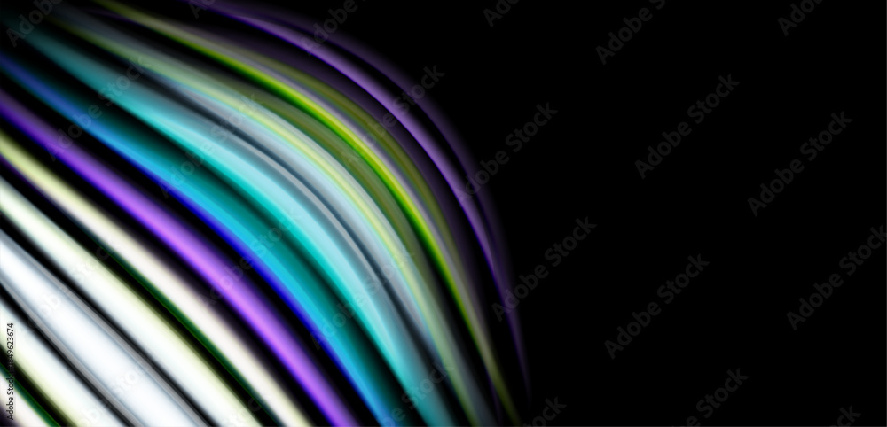Naklejka premium Abstract colorful lines curve against black background. Gradient shades create dynamic visual effect. Smooth transitions, modern design.