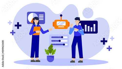 AI Research Team Training a Machine Learning Model. Flat Vector Illustration