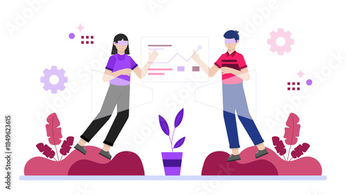 Virtual Reality Team Designing Immersive Experiences. Flat Vector Illustration