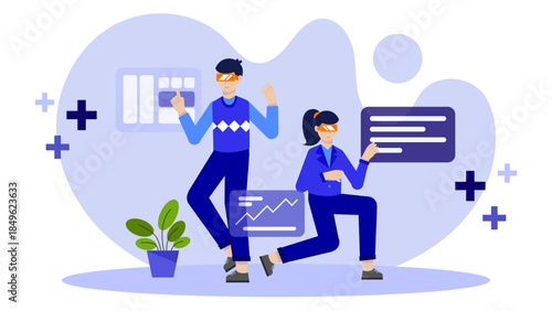 Virtual Reality Team Designing Immersive Experiences. Flat Vector Illustration