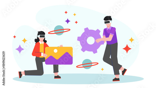 Virtual Reality Team Designing Immersive Experiences. Flat Vector Illustration