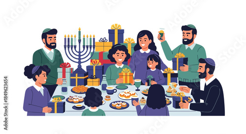 Family celebrating Hanukkah with a festive meal and gifts.