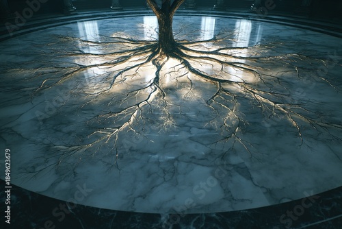 Glowing tree roots spreading across a polished marble floor in a grand hall
