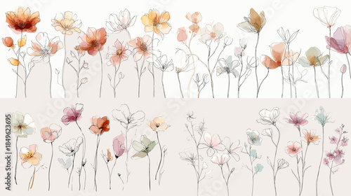 Watercolor wildflower collection with delicate blossoms and soft pastel tones ideal for romantic decor botanical branding invitations and elegant nature inspired design.