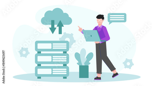 Cloud Engineer Migrating Company Data to Servers. Flat Vector Illustration