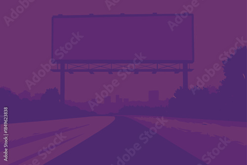 Advertise your brand on a stunning roadside billboard against a cityscape skyline, perfect for your next marketing campaign with a modern purple palette
