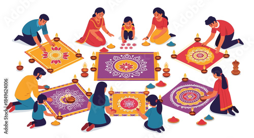 Family creating colorful rangoli designs for Diwali festival celebration.