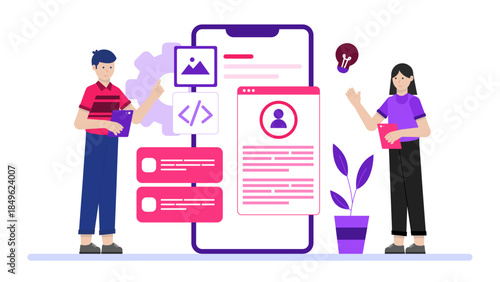 Mobile App Beta Testing with User Group. Flat Vector Illustration