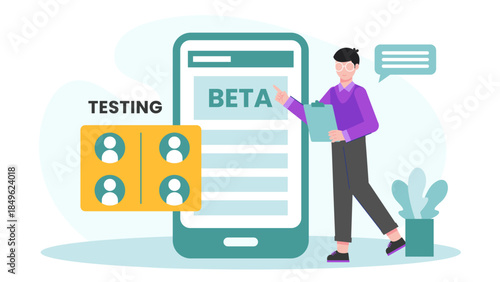 Mobile App Beta Testing with User Group. Flat Vector Illustration