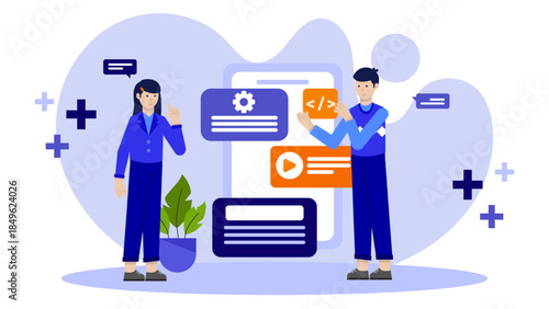 Mobile App Beta Testing with User Group. Flat Vector Illustration