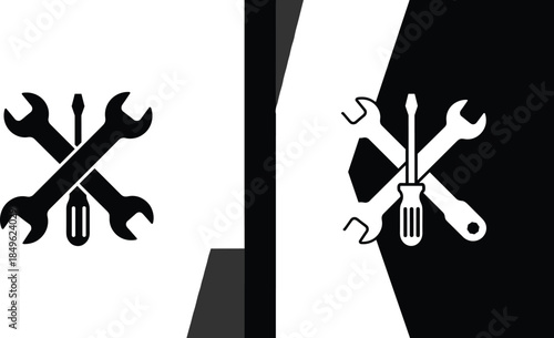 Mirrored Tool Emblems, Crossed Wrenches and Screwdriver Icon, Inverted Black White Contrast, Symmetry, Industrial Repair Branding Vector Illustration Minimal Flat Graphic Design