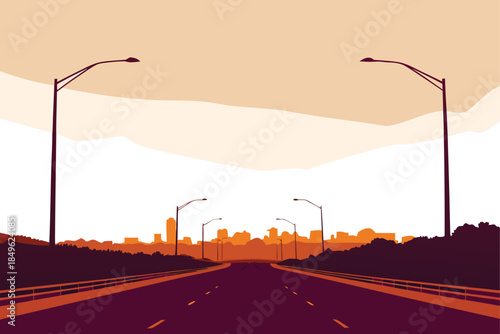 Drive into the sunset on the open road toward a vibrant city skyline, embodying ambition and adventure, perfect for travel blogs or urban planning designs