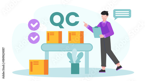 Quality Control Inspection in Manufacturing. Flat Vector Illustration