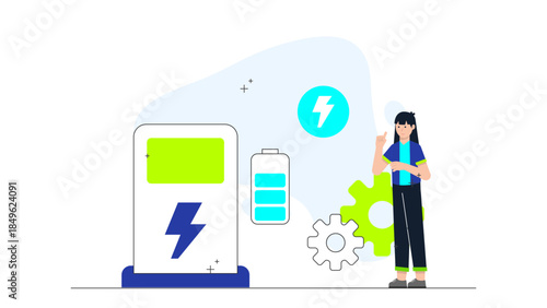 Electric Vehide Charging Station Installation. Flat Vector Illustration