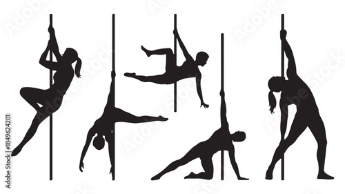 Pole Dancer Silhouettes in Dynamic Poses with Dramatic Lighting on White Background for Fitness Advertising