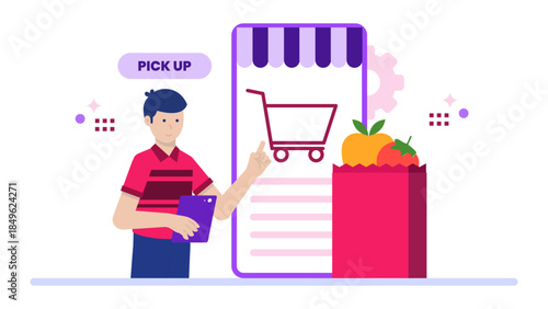 Grocery Store Managing Online Pickup Orders. Flat Vector Illustration