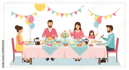 Family enjoying a festive meal together at a decorated table.