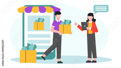 Grocery Store Managing Online Pickup Orders. Flat Vector Illustration