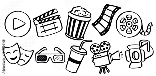 Set of hand drawn Cinema Movie theme Isolated Vector