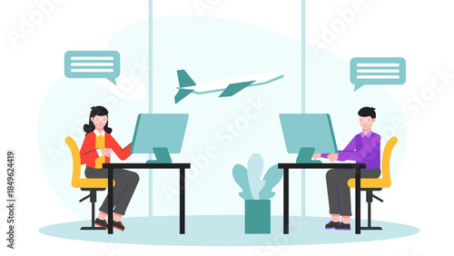 Air Traffic Control Managing Departures. Flat Vector Illustration
