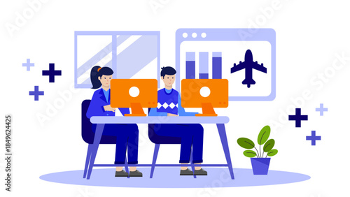 Air Traffic Control Managing Departures. Flat Vector Illustration