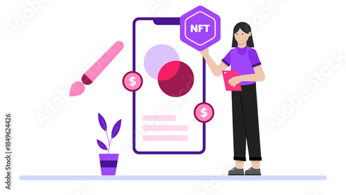 Digital Artist Creating NFT Collection. Flat Vector Illustration