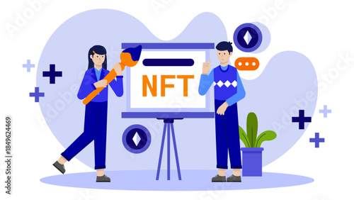 Digital Artist Creating NFT Collection. Flat Vector Illustration