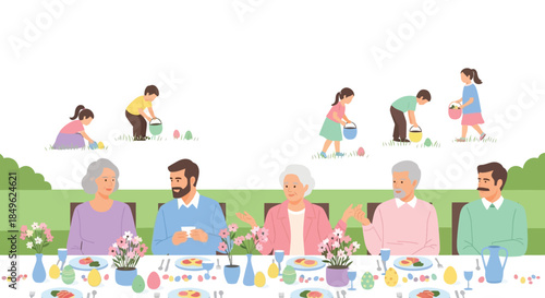 Family enjoying a festive outdoor Easter celebration together.