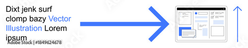 Web navigation, user interface design, digital strategy, online journey, content layout, direction flow. Blue arrow pointing to webpage elements. Web navigation and user interface design concept