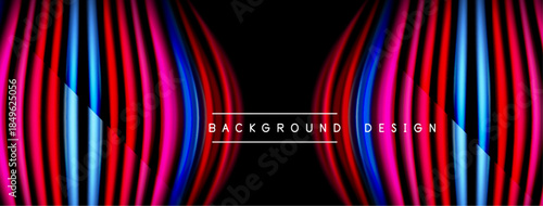 Abstract design features vibrant lines, curves, contrasting colors. Black background emphasizes glowing shapes, modern aesthetic.