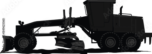 Motor grader silhouette, heavy construction equipment vector, road grader icon, land leveling machinery, civil engineering vehicle, flat surface grader illustration