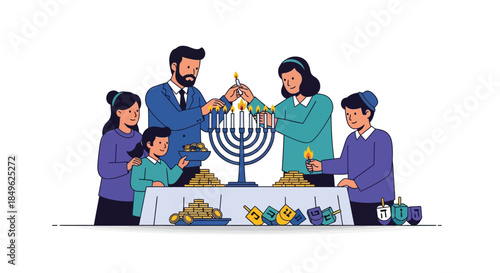Family lighting Hanukkah menorah celebrating holiday together.