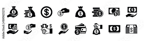 Icons of money bags, coins and hand holding cash
