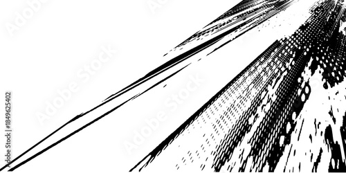 Scattered black brush strokes with halftone dots grunge background, isolated on white