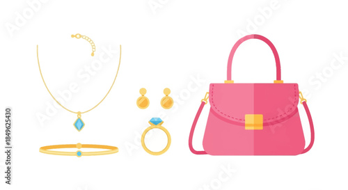 Fashionable Accessories Collection Featuring Jewelry and Handbag.