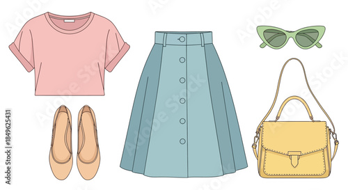 Fashionable outfit flat lay with skirt and accessories.