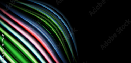 Abstract lines curve, creating vibrant color gradients against dark background. Smooth shapes suggest movement, energy, modern design.