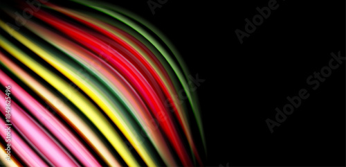 Abstract colorful lines curve across black background. Vivid shades create dynamic visual impact. Smooth gradients suggest movement, energy.