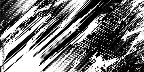 Scattered black brush strokes with halftone dots grunge background, isolated on white