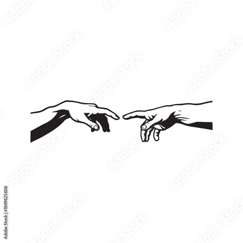 Creation of Adam hands vector illustration. Black and white silhouette sketch of God and man fingers touching based on Michelangelo classic art for tattoo or design.
