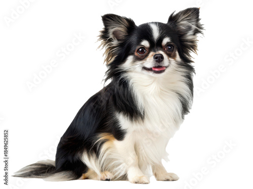 A charming, small, long-haired Chihuahua with a distinctive black and white coat pattern sits attentively in a slightly angled pose, displaying a playful, isolated on transparent background.