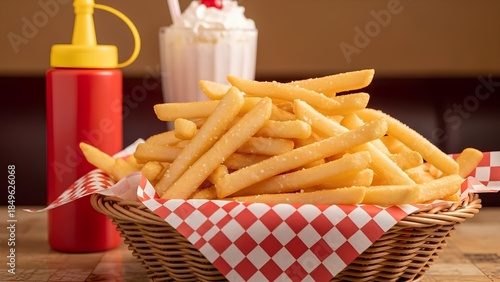 Classic Fries and Milkshake Combo in Diner Setting with Red Accents