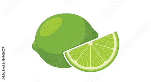 Fresh whole lime and a juicy lime wedge on a white background.