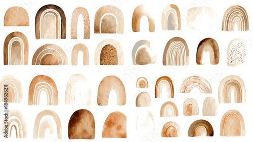 Minimal watercolor rainbow arches in warm neutral tones perfect for boho nursery decor modern prints branding and calming aesthetic design compositions.