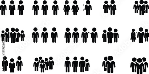 People group silhouettes, social interaction icons, communication arrows, group dynamics, teamwork symbols, networking clusters, community connections, collaboration, influence flow, vector set
