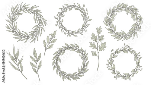 Collection of botanical wreaths and branches, elegantly rendered in a delicate, muted color palette